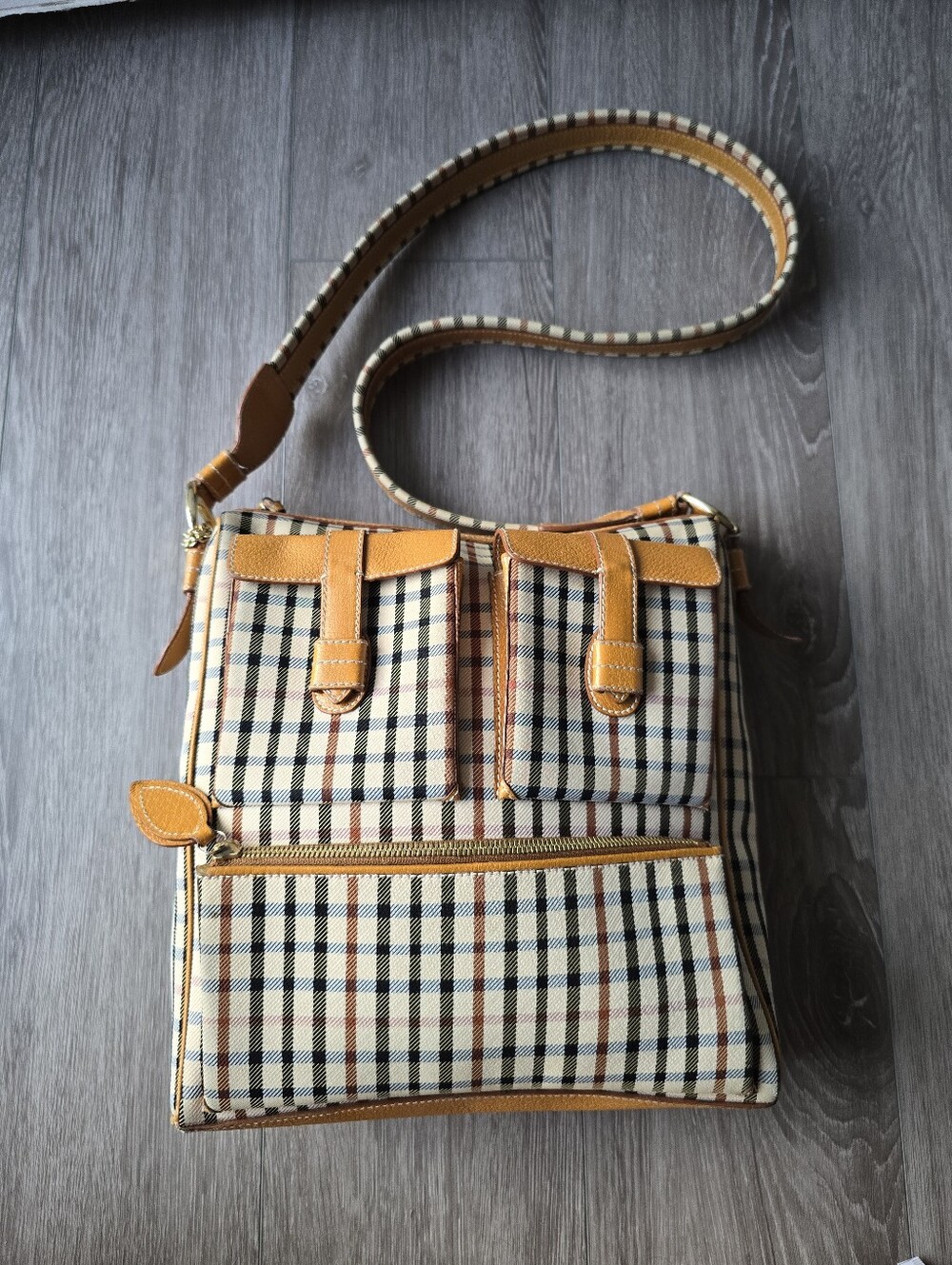 DAKS London House Check Plaid Crossbody Bag Camel Leather Trim Gold Hardware